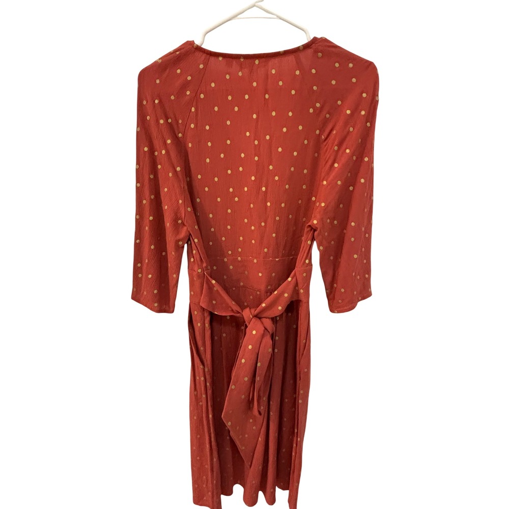 Boden Rust Red Gold Polka Dot V Neck Midi Dress Tie Waist 6R flutter sleeves - Picture 4 of 6